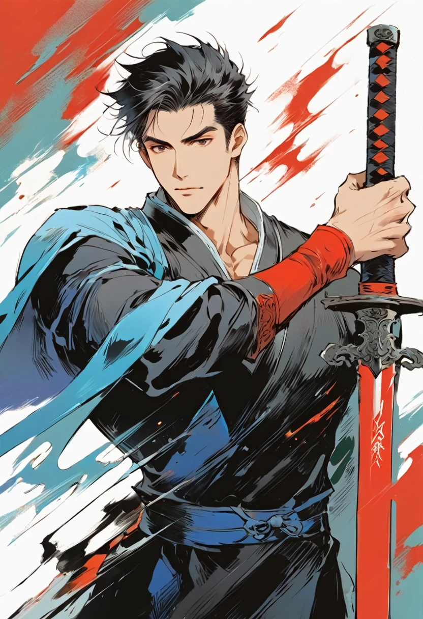 Chinese swordsman，Male swordsman，muscular，short hair，Handsome，Simple lines，Abstract Art，Holding a red long sword，