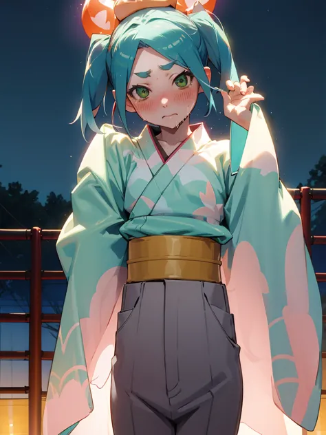 undressing、showing off your pants、random pause、、summer festival、night sky、nsfw、yukata、turquoise hair、short twin tails、green eyes...