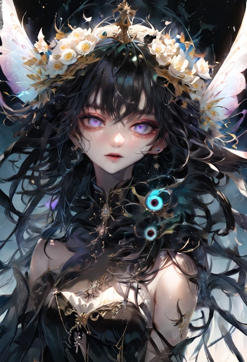 Qt/partagez votre beauté cheveu rosée aux yeux bleus.Anime, démon féminin dans un décor fantastique, représenté dans un style artistique sombre avec une touche gothique. Le personnage est une jeune fille gothique aux couleurs noir et blanc, couverte de sang, dégageant une aura de dark fantasy. Elle tient un cornet de glace dans sa main gauche, créant un contraste saisissant avec l'atmosphère étrange et sombre qui l'entoure. L'illustration présente une conception de personnage détaillée et des éléments d'arrière-plan complexes, renforçant l'esthétique de la dark fantasy.