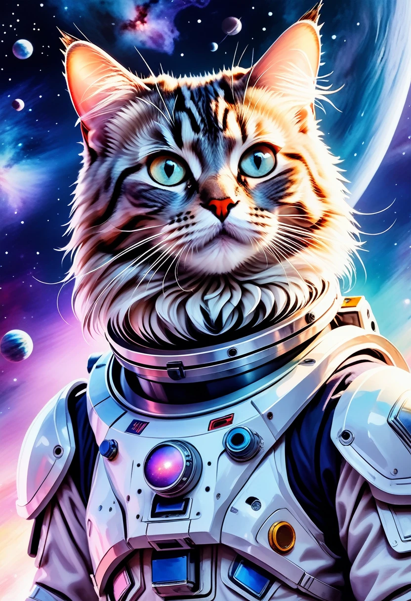 ((Masterpiece)), ((Best Quality)), (Very Detailed), ((Very Detailed)), 4K, (8K), very aesthetic, absurdres highres, Cat clad in a miniature space suit floating amidst the cosmic backdrop of a nebula, whiskers gently splayed by zero gravity, eyes wide with cosmic wonder, starfield reflecting in the helmet visor, pastel-colored galaxies swirling in the background, watercolor style, ultra realistic, high-quality digital painting.