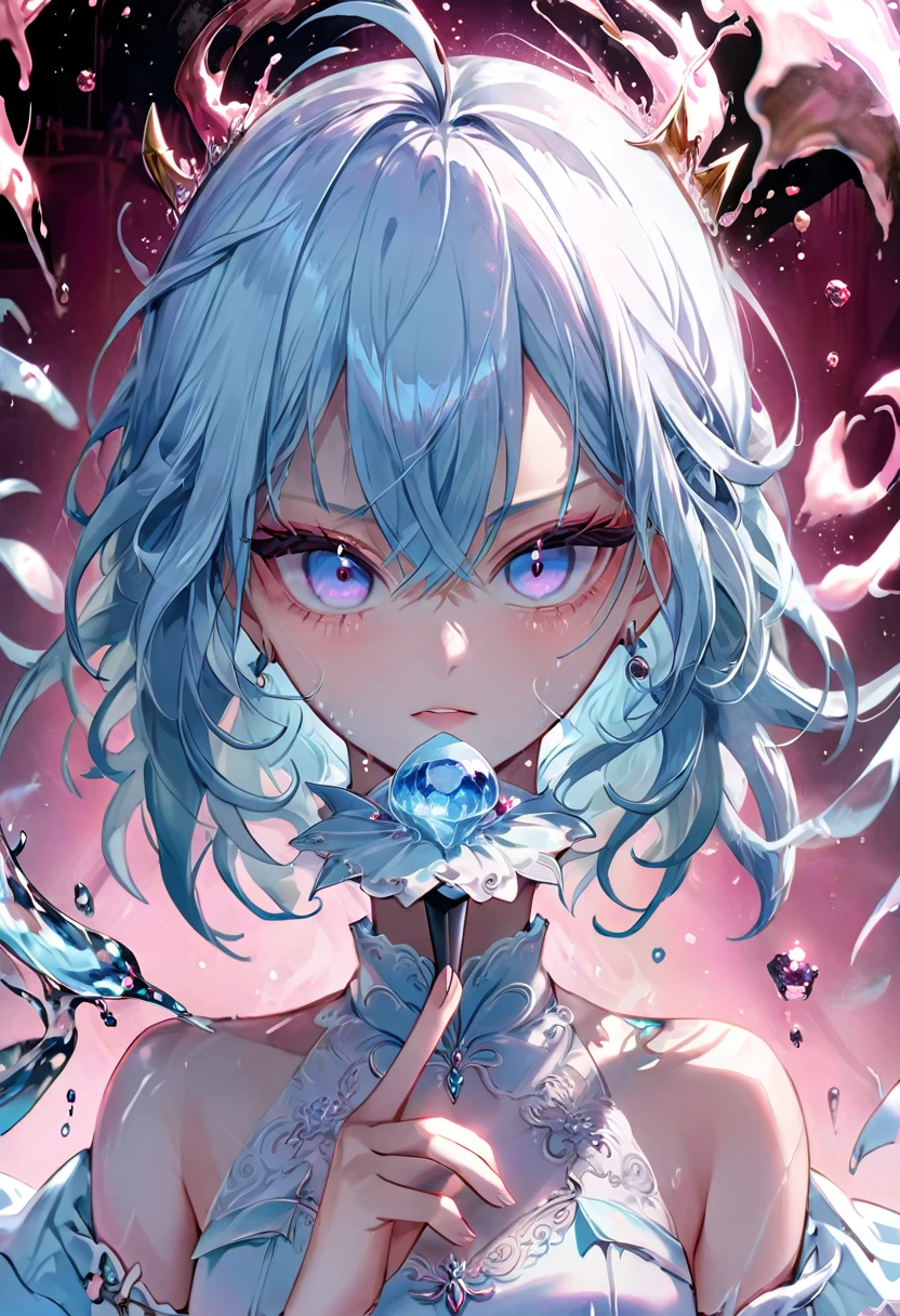 Qt/partagez votre beauté cheveu rosée aux yeux bleus.Anime, démon féminin dans un décor fantastique, mange une glace