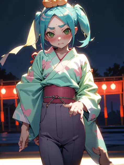 undressing、showing off your pants、random pause、、summer festival、night sky、nsfw、yukata、turquoise hair、short twin tails、green eyes...