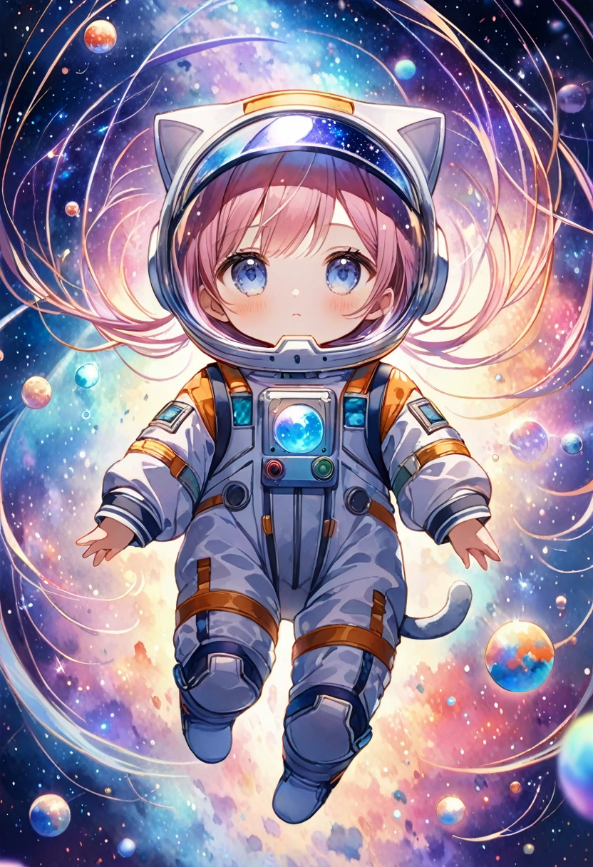 ((Masterpiece)), ((Best Quality)), (Very Detailed), ((Very Detailed)), 4K, (8K), very aesthetic, absurdres highres, Cat clad in a miniature space suit floating amidst the cosmic backdrop of a nebula, whiskers gently splayed by zero gravity, eyes wide with cosmic wonder, starfield reflecting in the helmet visor, pastel-colored galaxies swirling in the background, watercolor style, ultra realistic, high-quality digital painting.