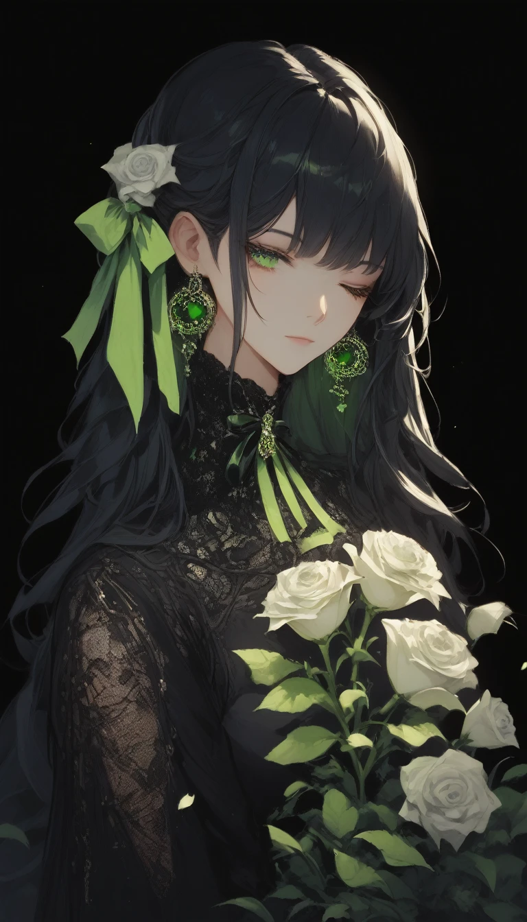 ((Tabletop, Highest quality)),Best aesthetics,One Girl, alone, Long Hair, Black Dress, flower, ribbon, Black background, Black Hair, Rose, ヘアribbon, Green Eyes, Long sleeve, White Rose, Mouth closed, 黒いribbon, Upper Body, Cinema Lighting