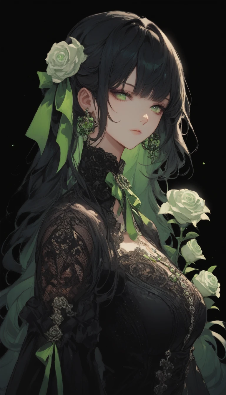 ((Tabletop, Highest quality)),Best aesthetics,One Girl, alone, Long Hair, Black Dress, flower, ribbon, Black background, Black Hair, Rose, ヘアribbon, Green Eyes, Long sleeve, White Rose, Mouth closed, 黒いribbon, Upper Body, Cinema Lighting