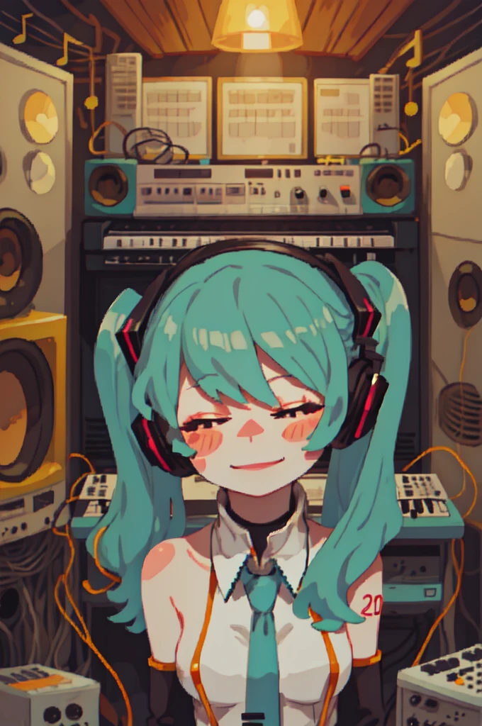 vocaloid, (hatsune miku, aqua hair, very long hair, twintails, aqua nails, aqua necktie:1.2), nsfw

(grant wood, american gothic:1.2),
1girl, solo, (portrait), smile, closed mouth, (closed eyes), lips, (spoken musical note),
(final fantasy tactics:1.2),

(recording studio interior:1.2), headphones, (lanyard), technology, frutiger aero, (korg, korg triton, daw, korg m1, yamaha dx7, synthesizer, digital audio, wave format audio, riff, graphic equalizer, piano roll, dtm, top 10 free vst plugins download now:1.2), loaded interior, (indoors:1.1),  interior of an amphitheatre, (speaker system, subwoofer),
(mainframe computer, computer rack, synthesizer rack, computer shelf, modular synthesizer, moog, buchla, serge),

naked, nude, slim body, aethetic, gothic, (negative space:1.15), exposed naked breasts, small breasts, flat chest, exposed naked vagina, intimate green hair, cute body, no clothes, naked overall, oily skin, nsfw

(hair ribbon, white ribbon:1.2), (lamp, overhead light, light bulb, ornament),

(blush stickers, blush),

(cozy:1.2),

(arabian ink, paper marbling:1.1),

