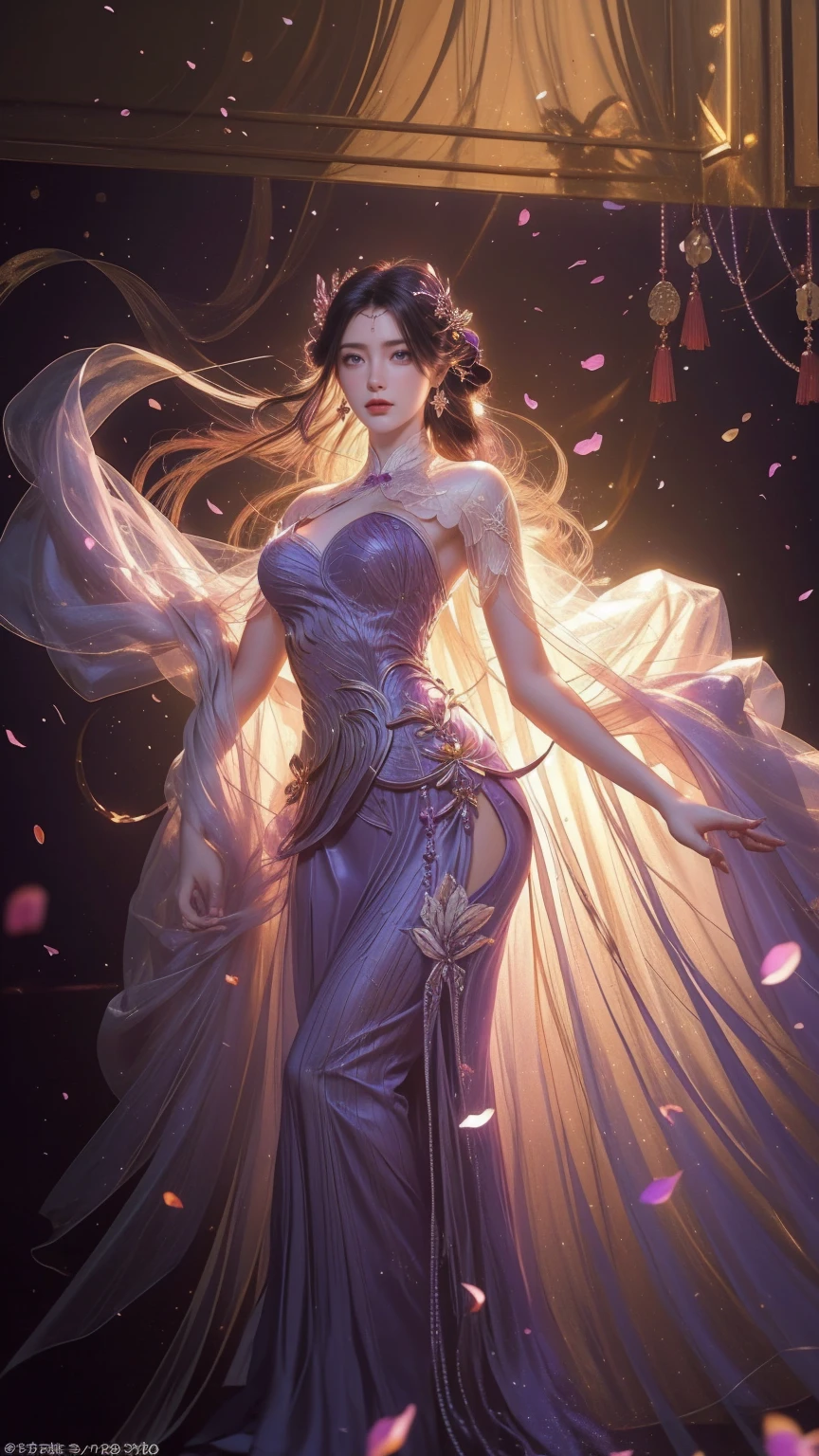完璧な曲線を描く美しい女性が、優しく宙に舞う長い紫色のドレスを着ている。,その美しい女性は、美しい花に囲まれた海の中に立っていました。, 中国の伝統的な, 彼女の柔軟な体は動くたびに大きくなる, とても魅惑的, 薄暗いろうそくの光, 夜の闇と戦う光る蝶, 月の光, カーテンを揺らす夜風, 紫色の花びら , 部屋中に花びらが舞い散る, 中国のダンス, この女性はとても美しく、見る人すべてを魅了する, 古代中国, 皇后 