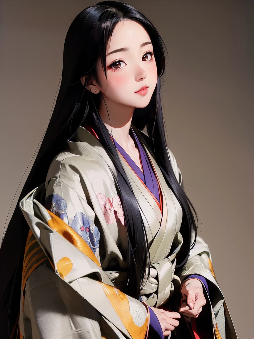 (Solo Japanese Girl:1.3), (Straight Long Hair, Shiny black hair:1.3), Karagin Jacket, Long hakama, 5 piece garment cuffs and chest, Wearing Imperial Kimono, Empire Pattern, (from the front), (Cowboy Shot), (Leaning forward, look up, From above:1.3), (((masterpiece, Super detailed, Highest quality, Ultra-high resolution, Great quality, Exceptional Quality, Super detailed, Unity 16K, Ultra-photorealistic))), (Moe anime art style:1.5),