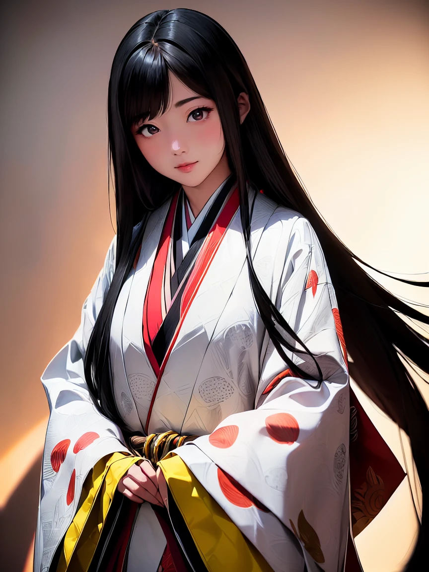 (Solo Japanese Girl:1.3), (Straight Long Hair, Shiny black hair:1.3), Karagin Jacket, Long hakama, 5 piece garment cuffs and chest, Wearing Imperial Kimono, Empire Pattern, (from the front), (Cowboy Shot), (Leaning forward, look up, From above:1.3), (((masterpiece, Super detailed, Highest quality, Ultra-high resolution, Great quality, Exceptional Quality, Super detailed, Unity 16K, Ultra-photorealistic))), (Moe anime art style:1.5),