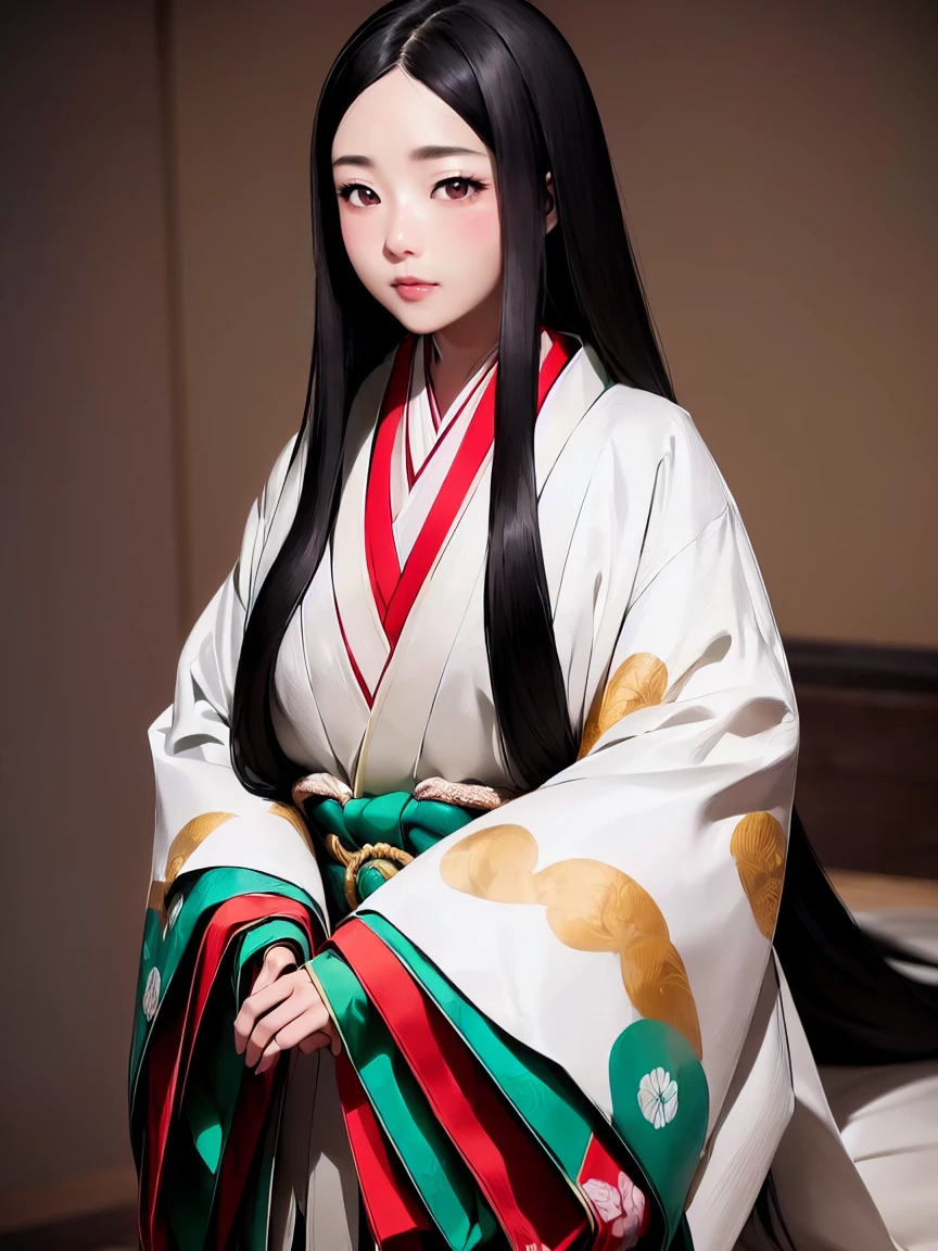 (Solo Japanese Girl:1.3), (Straight Long Hair, Shiny black hair:1.3), Karagin Jacket, Long hakama, 5 piece garment cuffs and chest, Wearing Imperial Kimono, Empire Pattern, (from the front), (Cowboy Shot), (Leaning forward, look up, From above:1.3), (((masterpiece, Super detailed, Highest quality, Ultra-high resolution, Great quality, Exceptional Quality, Super detailed, Unity 16K, Ultra-photorealistic))), (Moe anime art style:1.5),