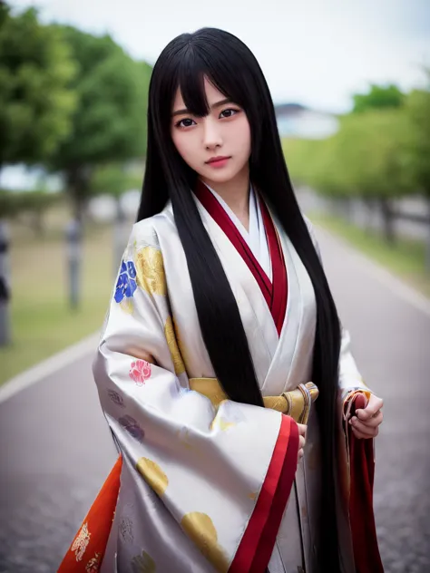 (solo japanese girl:1.3), (straight long hair, shiny black hair:1.3), karagin jacket, long hakama, 5 piece garment cuffs and che...