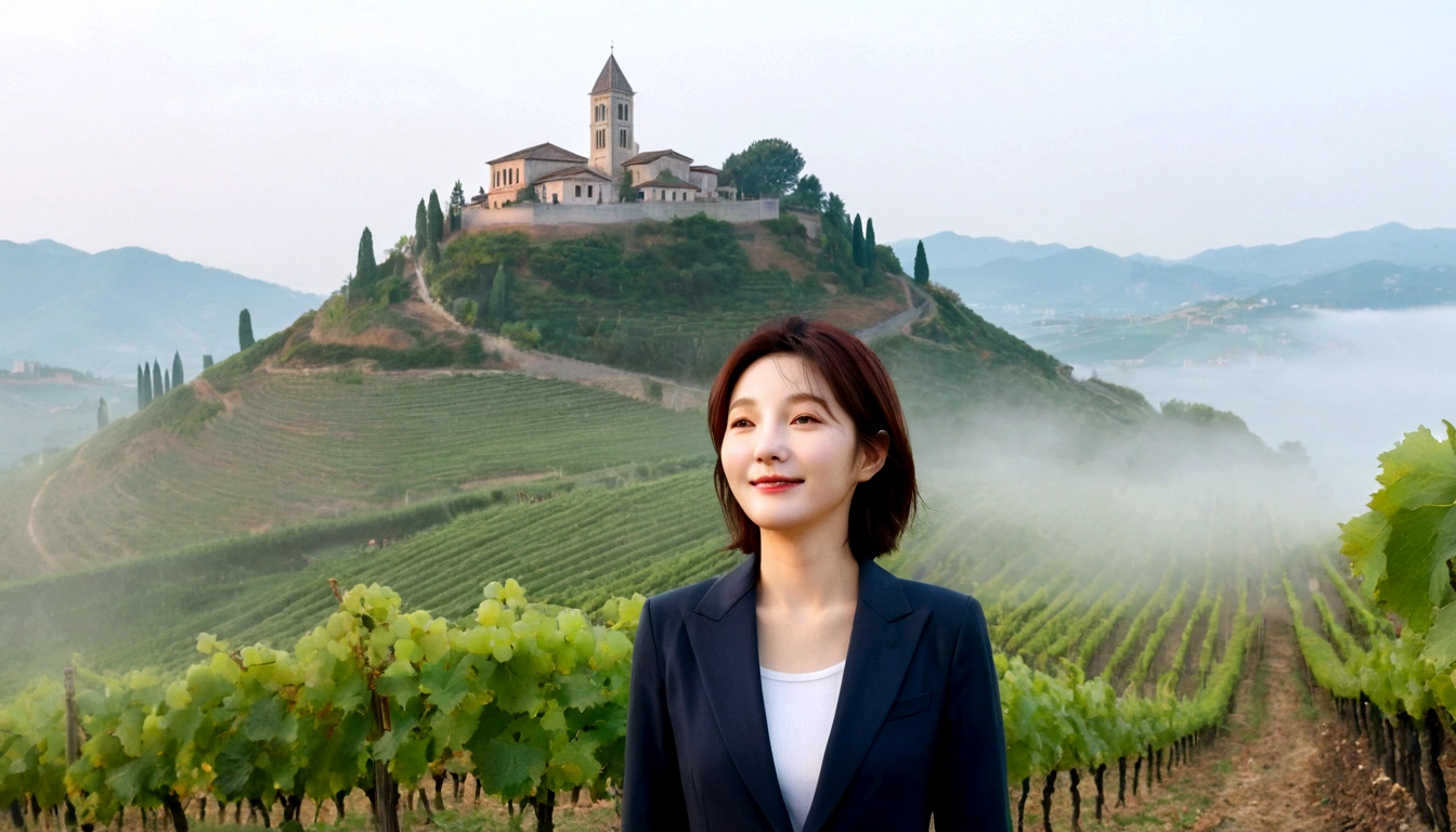 k Best picture quality, Beautiful 36-year-old Korean woman, short and nice weather. Chest size 34 inches, Dense fog at dawn in the Italian countryside, past the vineyard, The cathedral can be seen in the fog on a hill in the distance., The back background is realistic and vivid image quality, short medium hair blowing in the wind, Wear comfortable travel clothes and casual pants., Smile slightly. the background is clear, Short and slim Korean woman, stand far away, Photo taken with a wide-angle lens