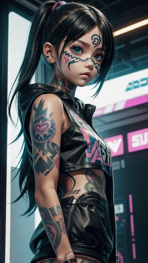 a close up of a 10 year old girl with tattoos on their face, cyberpunk art, trending on cg society, digital art, render of a cut...