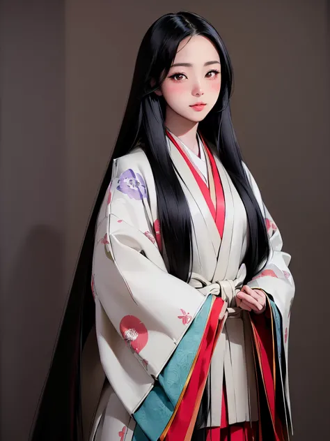 (solo japanese girl:1.3), (straight long hair, shiny black hair:1.3), karagin jacket, long hakama, 5 piece garment cuffs and che...