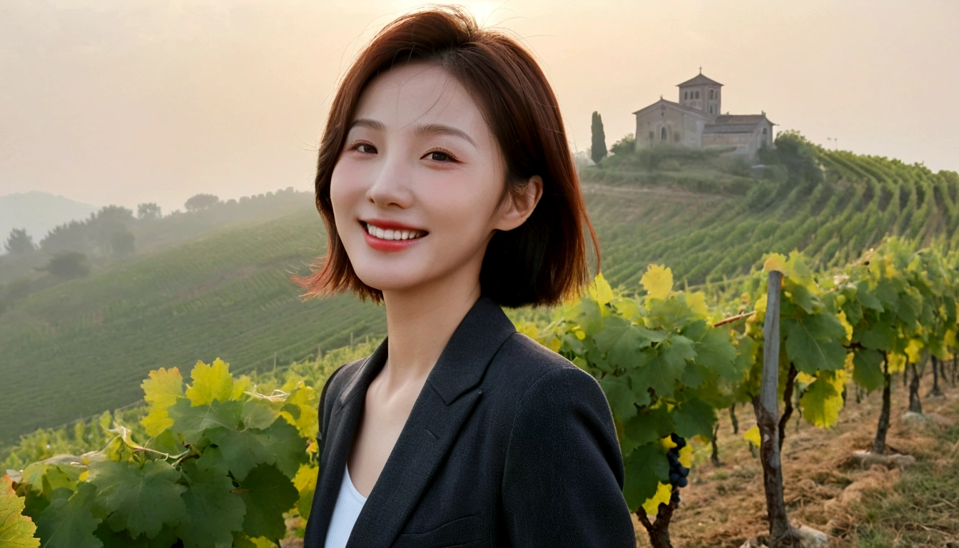 k Best picture quality, Beautiful 36-year-old Korean woman, short and nice weather. Chest size 34 inches, Dense fog at dawn in the Italian countryside, past the vineyard, The cathedral can be seen in the fog on a hill in the distance., The back background is realistic and vivid image quality, short medium hair blowing in the wind, Wear comfortable travel clothes and casual pants.  Smile brightly. the background is clear, Short and slim Korean woman, stand far away, Photo taken with a wide-angle lens