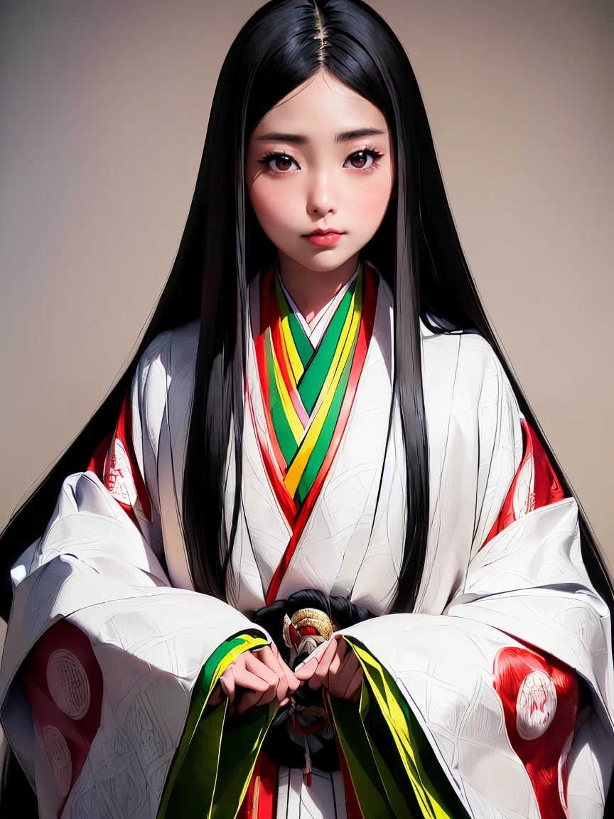 (Solo Japanese Girl:1.3), (Straight Long Hair, Shiny black hair:1.3), Karagin Jacket, Long hakama, 5 piece garment cuffs and chest, Wearing Imperial Kimono, Empire Pattern, (((masterpiece, Super detailed, Highest quality, Ultra-high resolution, Great quality, Exceptional Quality, Super detailed, Unity 16K, Ultra-photorealistic))), (Moe anime art style:1.2), 