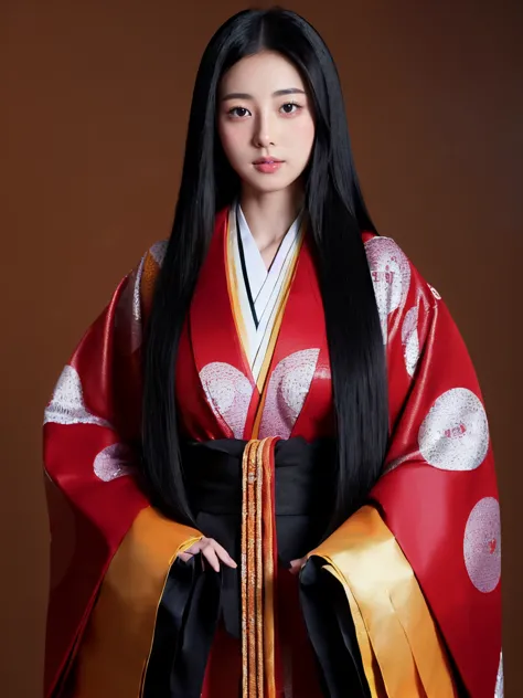 (solo japanese girl:1.3), (straight long hair, shiny black hair:1.3), karagin jacket, long hakama, 5 piece garment cuffs and che...