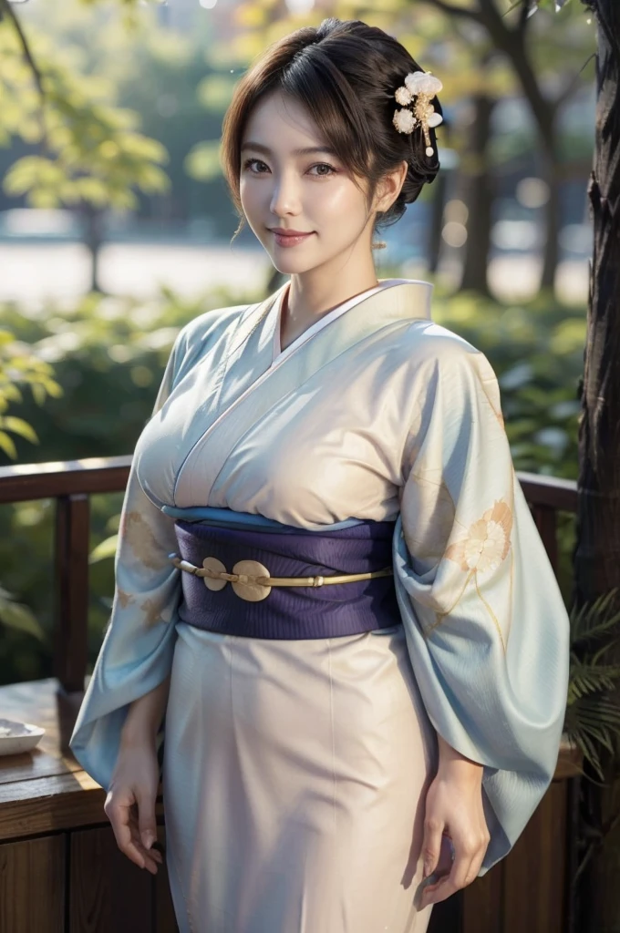 (masterpiece, highest quality, Realistic, High resolution, photograph, :1.3), Sharp focus, 1 Cute Japanese mature woman, 40 years old, Hot Model, gentle face, Highly detailed eyes and pupils, Realistic Skin, ((Voluptuous body)), Neckline, Highly detailed hair, Delicate face, Sensual look, Bright lips, Chubby lips, Natural Lip, big thick thighs, ((kimono:1.5)), ((full body)), ((whole body shot:1.5)), looking at viewer, smile, ((from below)), (((Trendy hairstyles:1.2))), ((hair ornament:1.2)), autumn setting, autumn trees and leaves