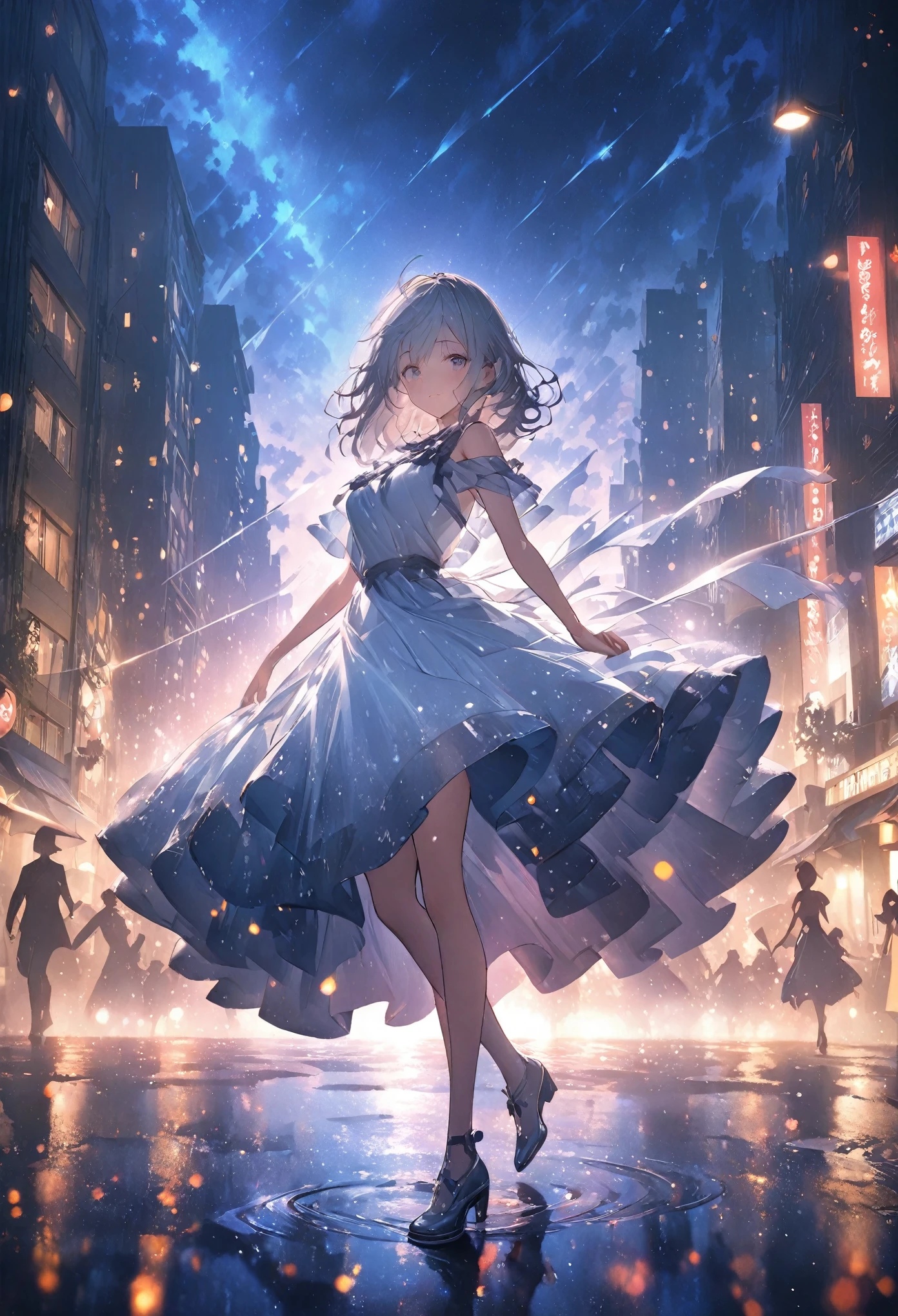 걸작, 최고의 품질, 매우 상세한 CG Unity 8k 벽지, 비오는 밤의 도시. 우산 없이 춤추는 소녀의 실루엣 일러스트. 가로등과 달빛이 스포트라이트처럼 비춰지는 것 같아요. 도시 풍경이 사실적으로 정밀하게 묘사되어 있습니다., 고화질 디테일. 초점은 소녀에게 있고 배경은 흐릿합니다.. 옥탄 렌더링 스타일. 전체적으로 빛의 입자.