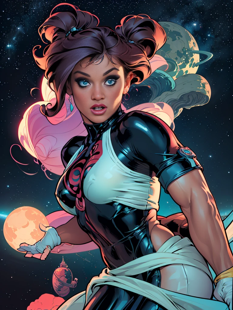 Rita Faltoyano wearing a tight white space suit with futuristic cybberpunk red trim, while flying through space on a surfboard. (((fully body))) on the comic panel, whole body, bold lineart illustration comics, alluring blue eyes, parted lips, perfectbody, curved, fitness, nsfw, in the style of Adam Hughes, (((​masterpiece))), (((grown-up))) Explore retro-futuristic aesthetics, highlighting your confidence and skill while challenging the limits of the cosmos. 