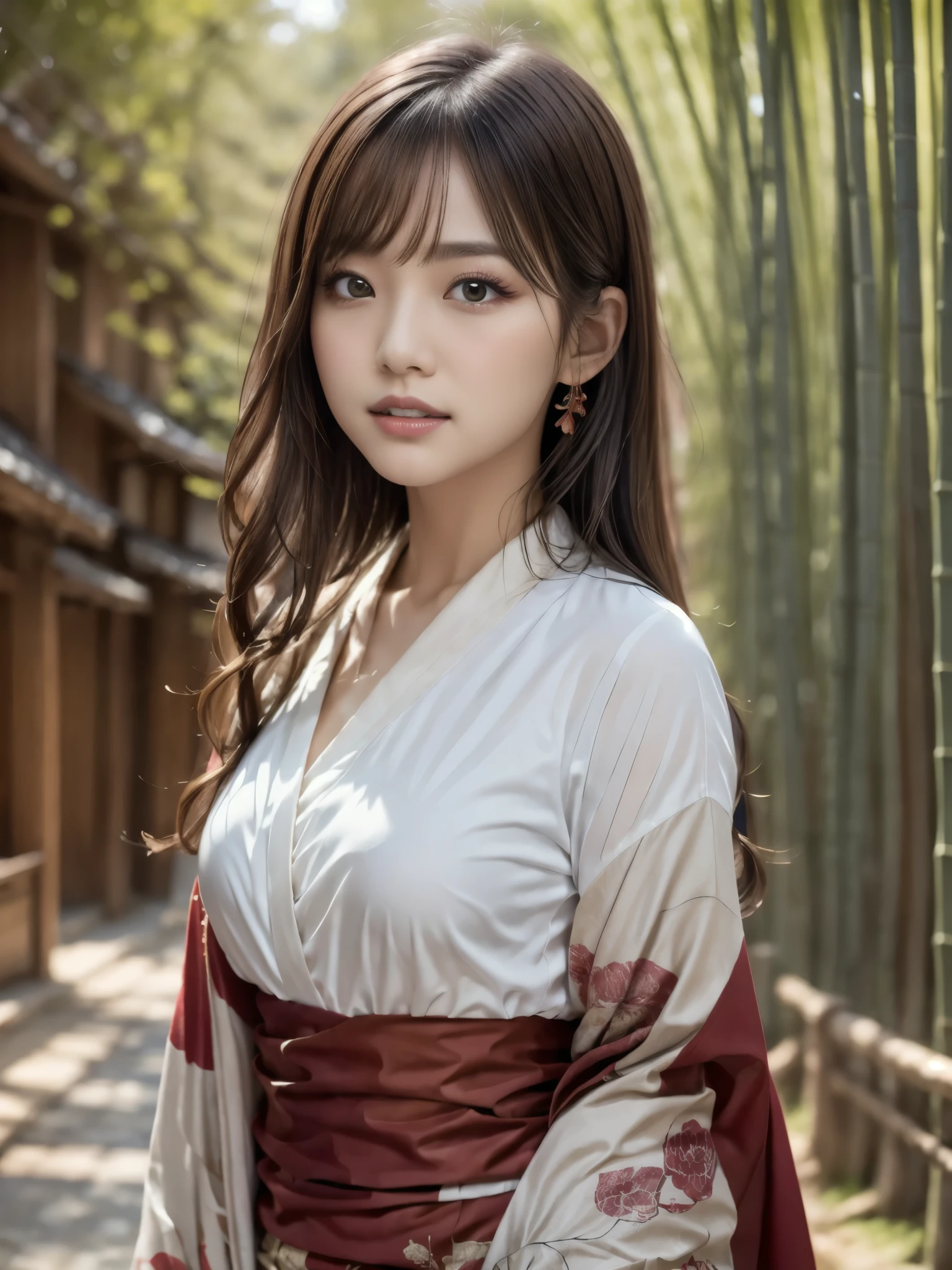 masterpiece, best quality, extremely detailed CG unity 8k wallpaper, Wearing a detailed and highly detailed red kimono、lips, Open_mouth, Realistic, photograph_\(Moderate\), alone, (masterpiece),(photographRealistic:1.3), Very detailed, (Skin with attention to detail:1.2),(Highest quality:1.0), (Ultra-high resolution:1.0), Wavy thin hair, Long Hair,  (Beautiful and detailed makeup), (Sexually excited、Blushing、breathing becomes rough:1.0), In the bamboo forest with many strips of paper on the background。