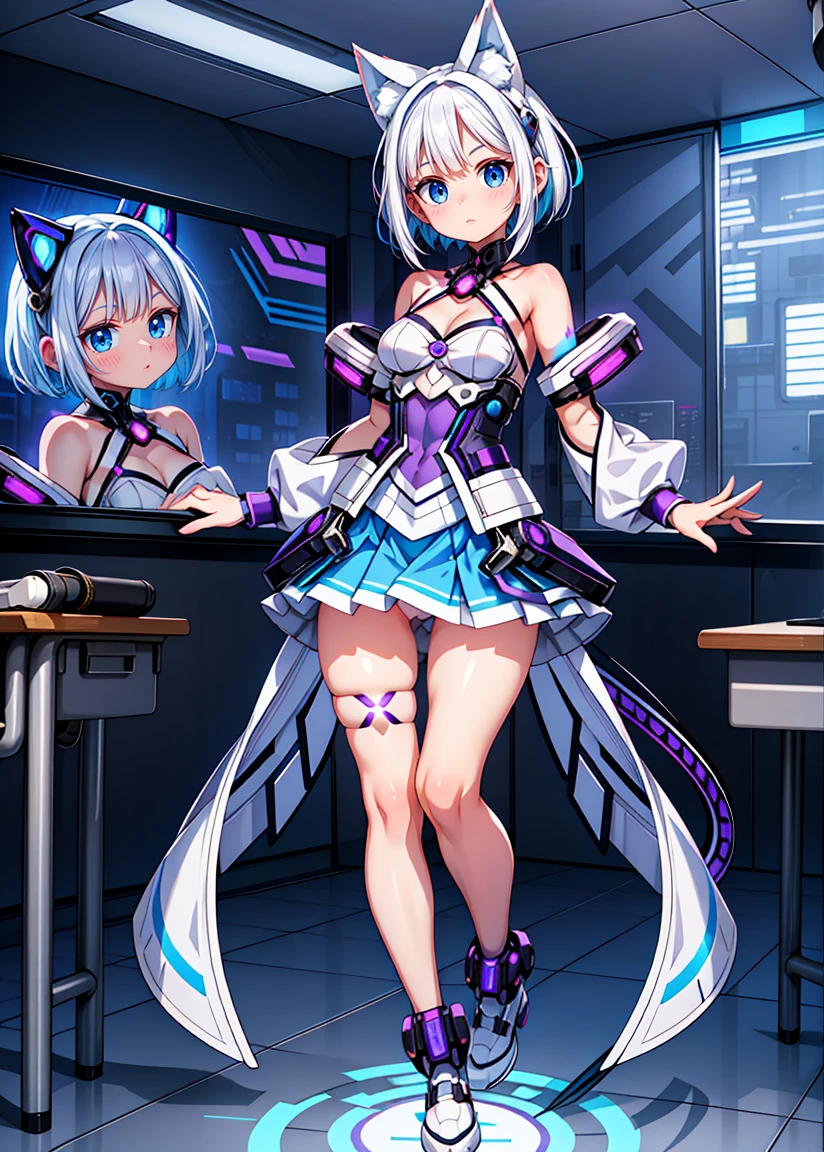 a beautiful woman, white hair with blue highlights, (((Full body))), Egirl makeup, ((White Hair with Blue Highlights)), hair accessories, shorth hair, cute face, face detailed, blue eyes, (((micro skirt))), (((Full Body, perfect hand, perfect face))), (((classroom))), cyberpunk, White hair, beautiful outfit, (((Purple, cyberpunk)))), animal ears, perfect face, Glowing Purple, GlowingRunes_purple, ((spread crotch))