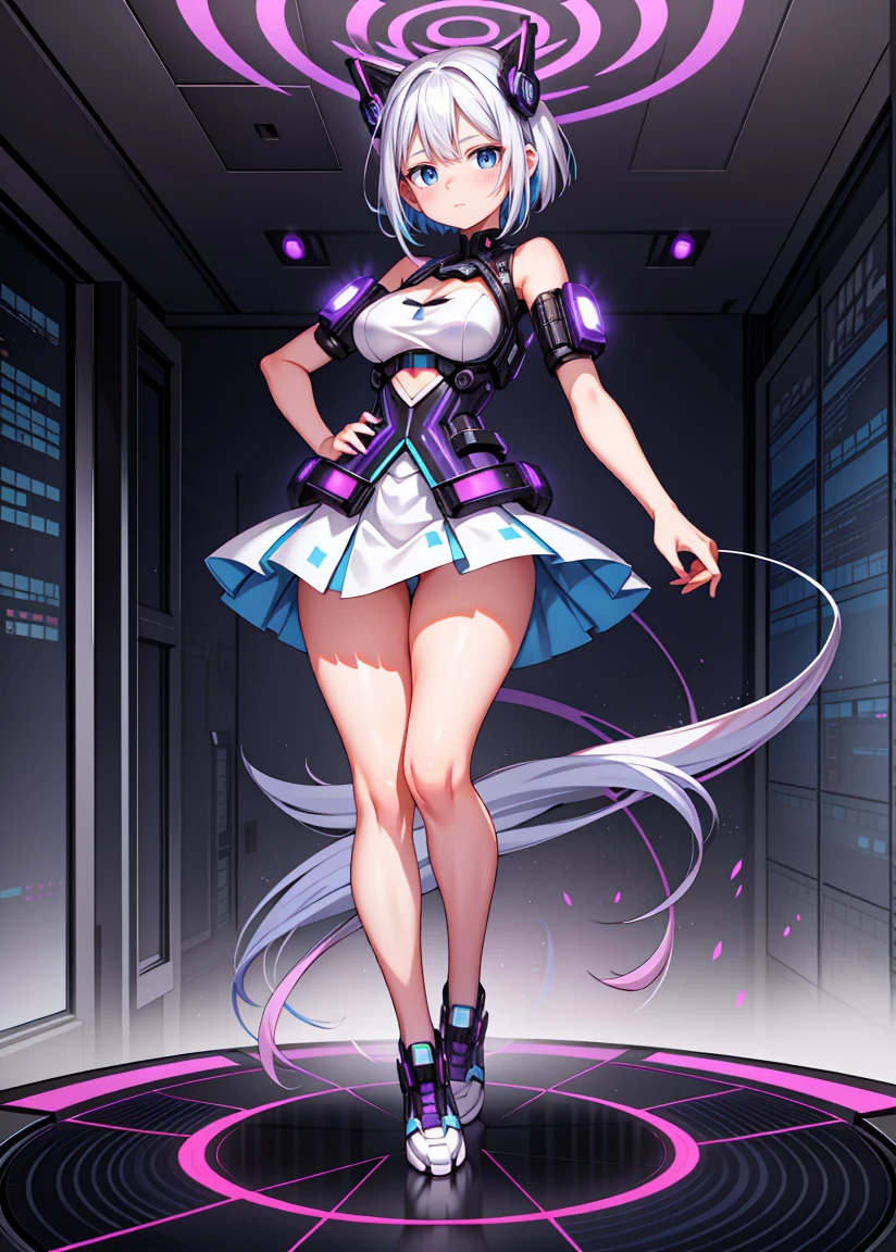 a beautiful woman, white hair with blue highlights, (((Full body))), Egirl makeup, ((White Hair with Blue Highlights)), hair accessories, shorth hair, cute face, face detailed, blue eyes, (((micro skirt))), (((Full Body, perfect hand, perfect face))), (((classroom))), cyberpunk, White hair, beautiful outfit, (((Purple, cyberpunk)))), animal ears, perfect face, Glowing Purple, GlowingRunes_purple, (())