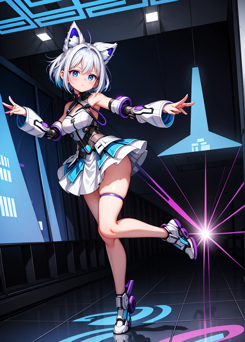 a beautiful woman, white hair with blue highlights, (((Full body))), Egirl makeup, ((White Hair with Blue Highlights)), hair accessories, shorth hair, cute face, face detailed, blue eyes, (((micro skirt))), (((Full Body, perfect hand, perfect face))), (((classroom))), cyberpunk, White hair, beautiful outfit, (((Purple, cyberpunk)))), animal ears, perfect face, Glowing Purple, GlowingRunes_purple, (())