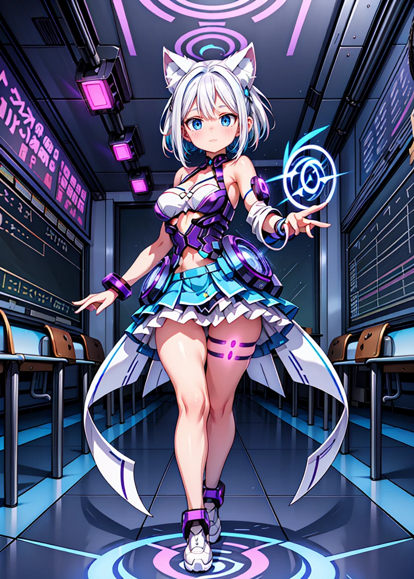 a beautiful woman, white hair with blue highlights, (((Full body))), Egirl makeup, ((White Hair with Blue Highlights)), hair accessories, shorth hair, cute face, face detailed, blue eyes, (((micro skirt))), (((Full Body, perfect hand, perfect face))), (((classroom))), cyberpunk, White hair, beautiful outfit, (((Purple, cyberpunk)))), animal ears, perfect face, Glowing Purple, GlowingRunes_purple, ((spread crotch))