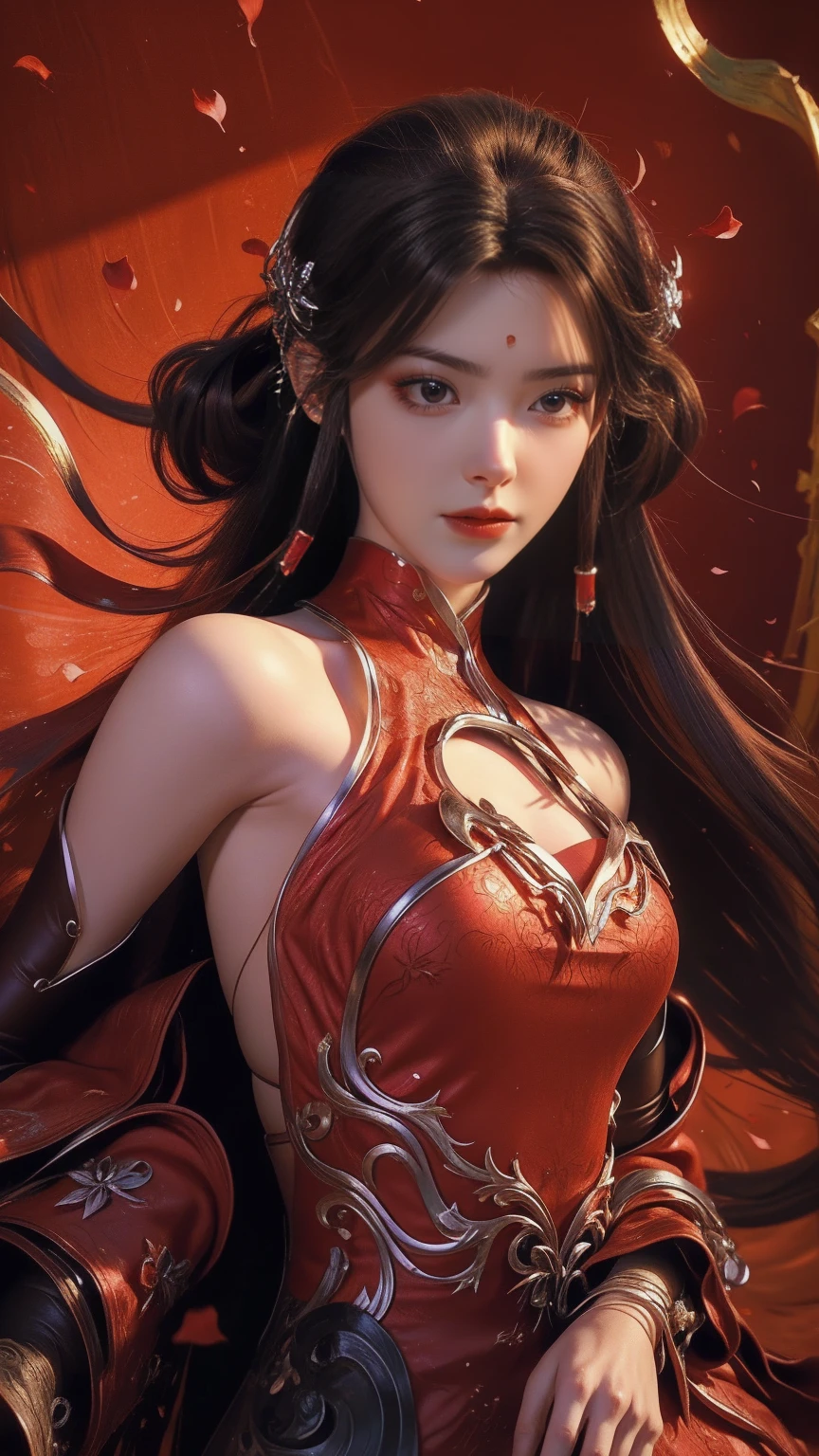 Uma mulher linda com curvas perfeitas vestindo um longo vestido vermelho que flutua suavemente no ar,A linda mulher estava deitada em um mar de lindas flores ao seu redor, chinês tradicional, seu corpo flexível aumentando a cada movimento, Tão encantador, a fraca luz das velas, as borboletas brilhantes lutando contra a escuridão da noite, a luz da lua, O vento noturno soprando as cortinas, as pétalas vermelhas da flor , pétalas de flores voando pela sala, Dança chinesa, Essa mulher é tão linda que atrai todos que a observam, China antiga, imperial empress 