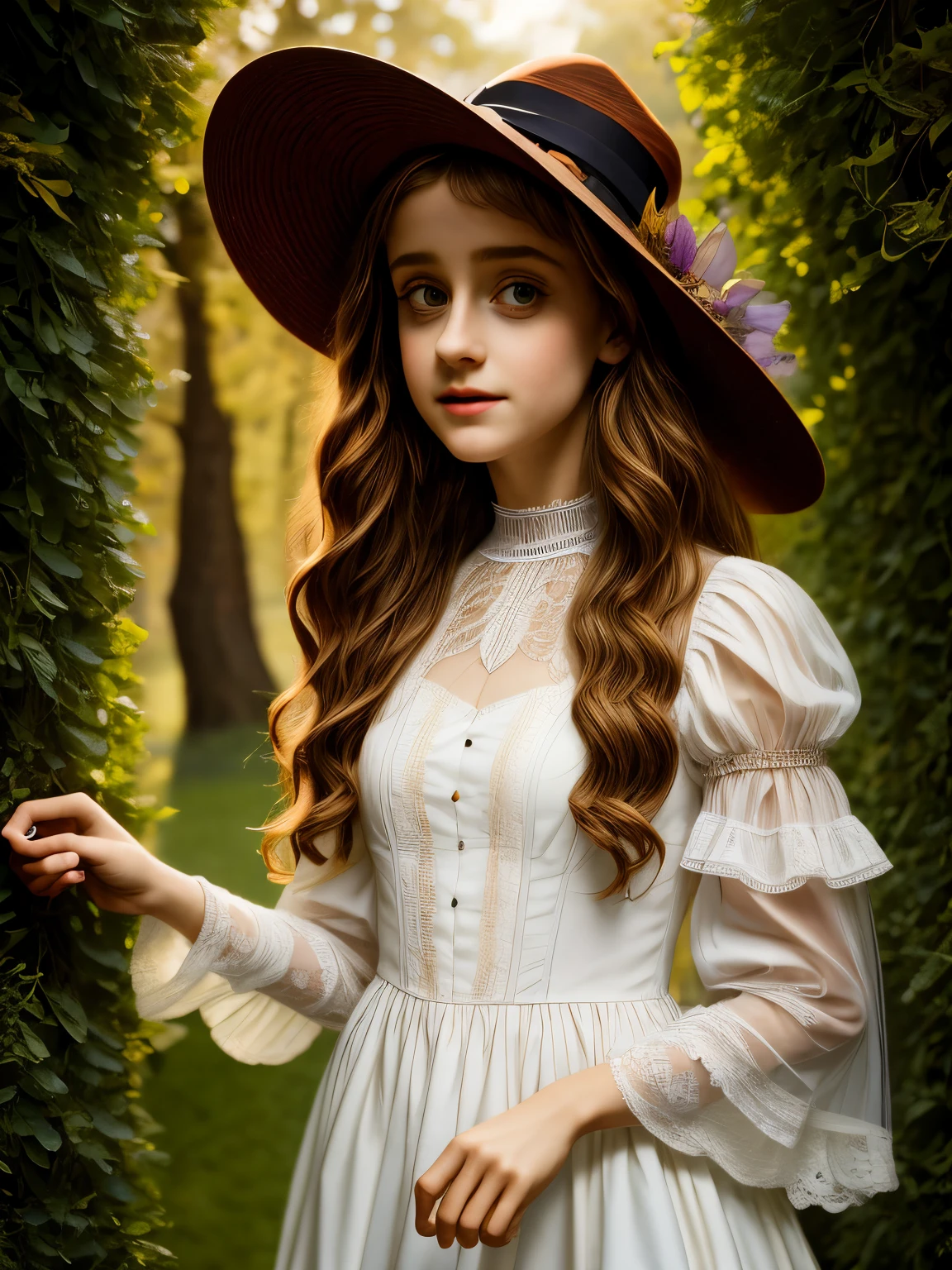 À la Fed image of a girl in a white lace dress and Leonardo da Vinci notes background, stunning young ethereal figure, portrait of a magical girl, portrait of a young witch girl, girl in steampunk clothes, musician girl in lace clothes, Natalia Dyer, Daphne Keen, portrait of a young witch, a girl with magical powers, inspired by Irakli Nadar, Inspired by William Mustoster Lockhart, top quality, detail, detail, masterpiece, high image quality  