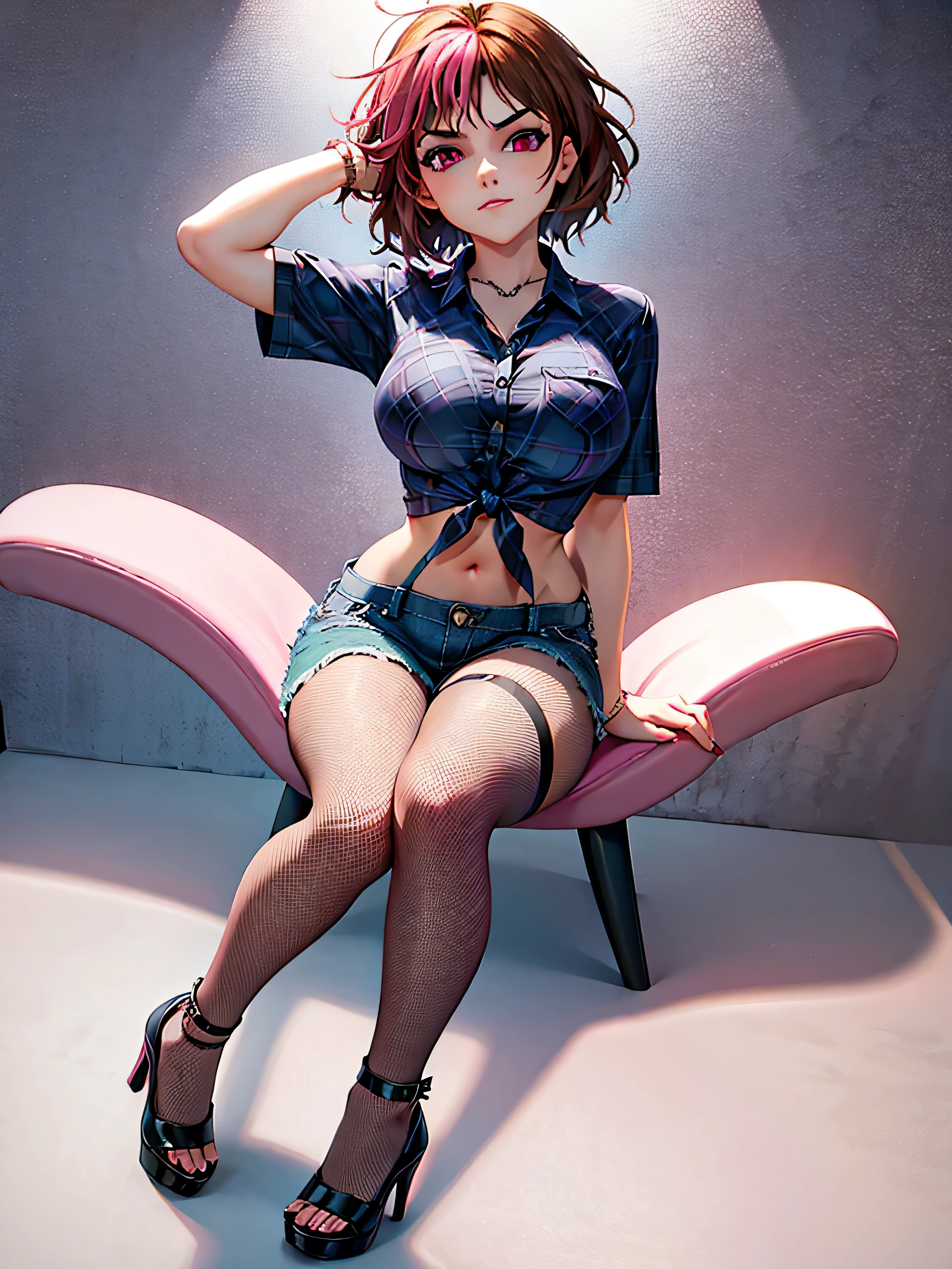 merula, thighs, tonified legs, solo girl, pink high heels, wide hips, small breast, wearing edgShort&Fishnets , pink plaid tied_shirt, sitting