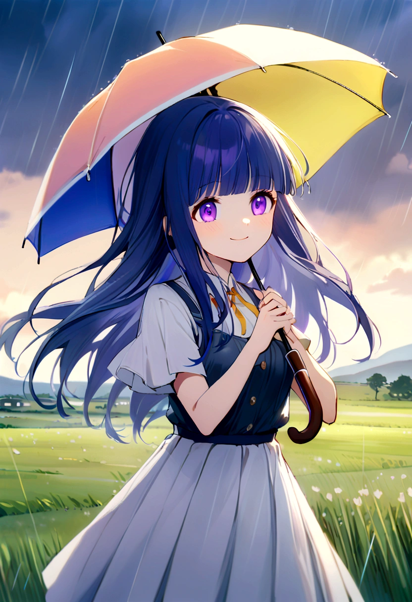 1 Girl, alone, Blue Hair, Purple eyes, Long Hair, blunt bangs, bangs, countryside, Wide grassland, rain, Girl, umbrella, カラフルなumbrella, dance, spin, smile, joy, Bright colors, Sky gradient, rainのカーテン, Beautiful Landscape, refresh, Energetic, Amusement, sense of openness, Natural beauty, rain粒