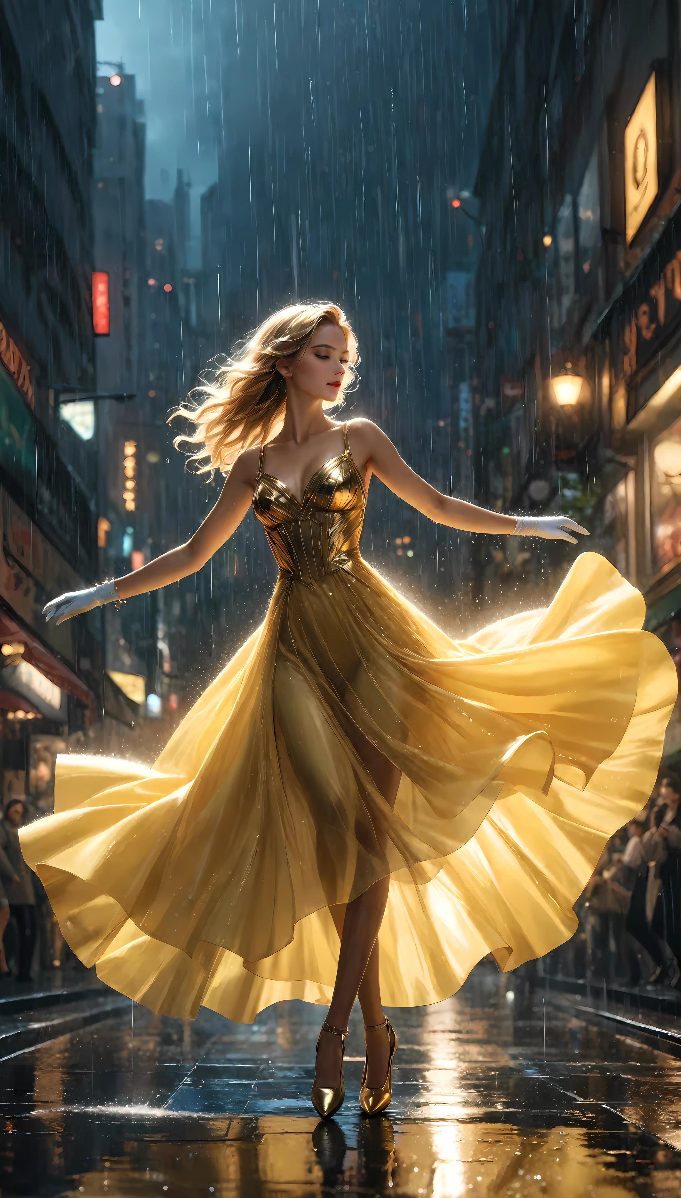 ((Masterpiece in maximum 16K resolution):1.6),((soft_color_photograpy:)1.5), ((Ultra-Detailed):1.4),((Movie-like still images and dynamic angles):1.3). | (cinematic photo of Supermodel beauty dancing in a rainy day), (Blonde Supermodel Beauty), ((dancing in the rain):1.2), (focus on the dance), (cinematic lens), (exotic city background in a heavy rain), (city lights), (luminous object), (female hand gloves), (Festive atmosphere), (shimmer), (aesthetic dancing accesories), (visual experience),(Realism), (Realistic),award-winning graphics, dark shot, film grain, extremely detailed, Digital Art, rtx, Unreal Engine, scene concept anti glare effect, All captured with sharp focus. | Rendered in ultra-high definition with UHD and retina quality, this masterpiece ensures anatomical correctness and textured skin with super detail. With a focus on high quality and accuracy, this award-winning portrayal captures every nuance in stunning 16k resolution, immersing viewers in its lifelike depiction. | ((perfect_composition, perfect_design, perfect_layout, perfect_detail, ultra_detailed)), ((enhance_all, fix_everything)), More Detail, Enhance.
