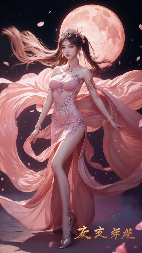 a beautiful woman with perfect curves wearing a long pink dress that gently flutters in the air,the beautiful woman was lie down...