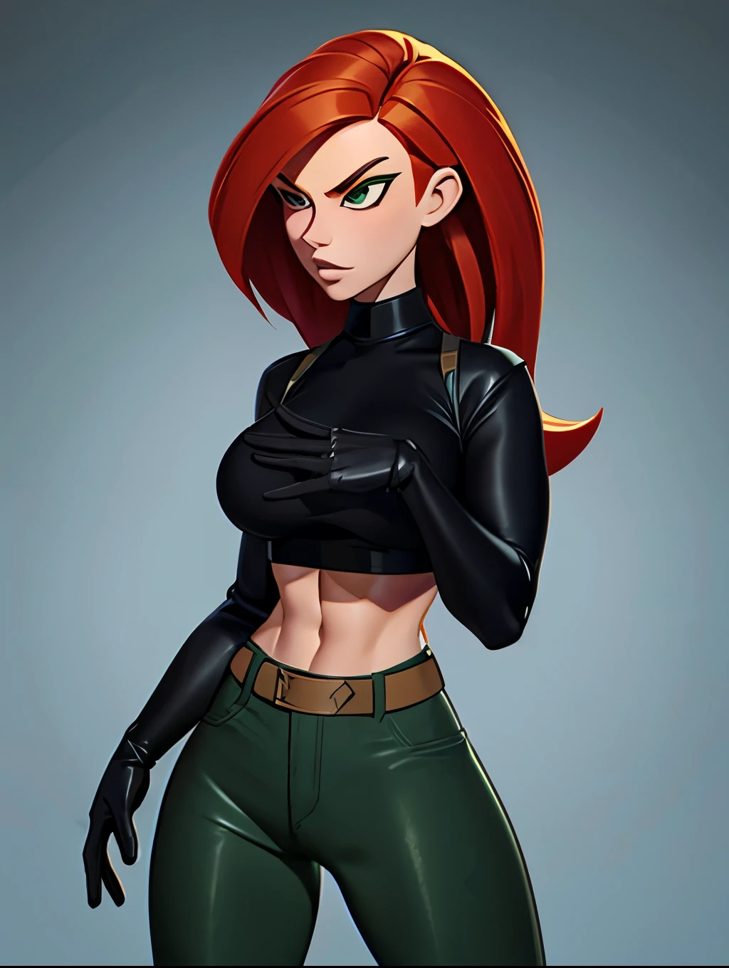 Rotschopf-Badass Kimpossible in schwarzem Rollkragenpullover und grüner Hose, sexy und verführerisch, reife Frau, sexy und verführerisch, wunderschön und liebenswert, elegante Spionin, Badass und großartige Babe, spärlich bekleidet, definierte Bauchmuskeln und große Brüste 