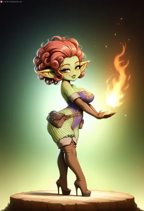 girl, goblin girl, goblin, green skin, short, short stature,short hair, red hair, curly hair, large breasts, long gloves, thigh ...