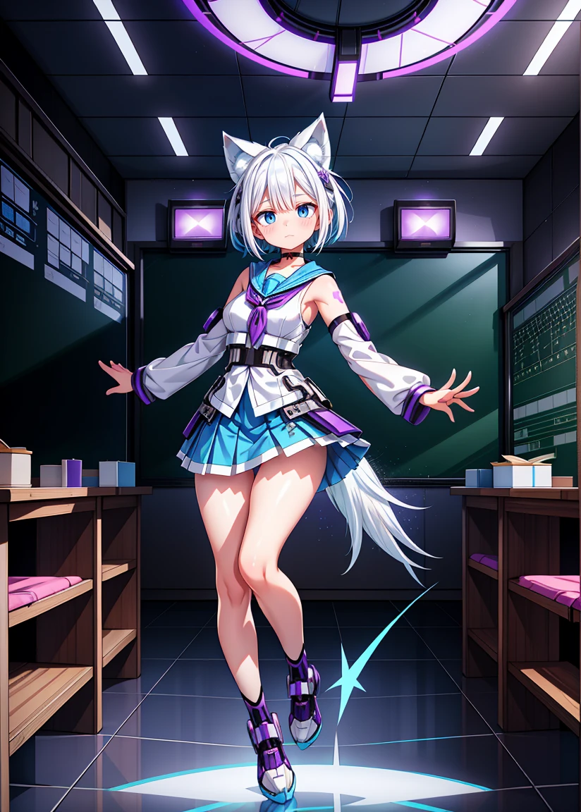 a beautiful woman, white hair with blue highlights, (((Full body))), Egirl makeup, ((White Hair with Blue Highlights)), hair accessories, shorth hair, cute face, face detailed, blue eyes, (((micro skirt))), (((Full Body, perfect hand, perfect face))), (((classroom))), cyberpunk, White hair, beautiful outfit, (((Purple, cyberpunk)))), animal ears, perfect face, Glowing Purple, GlowingRunes_purple, ((((missionary))))