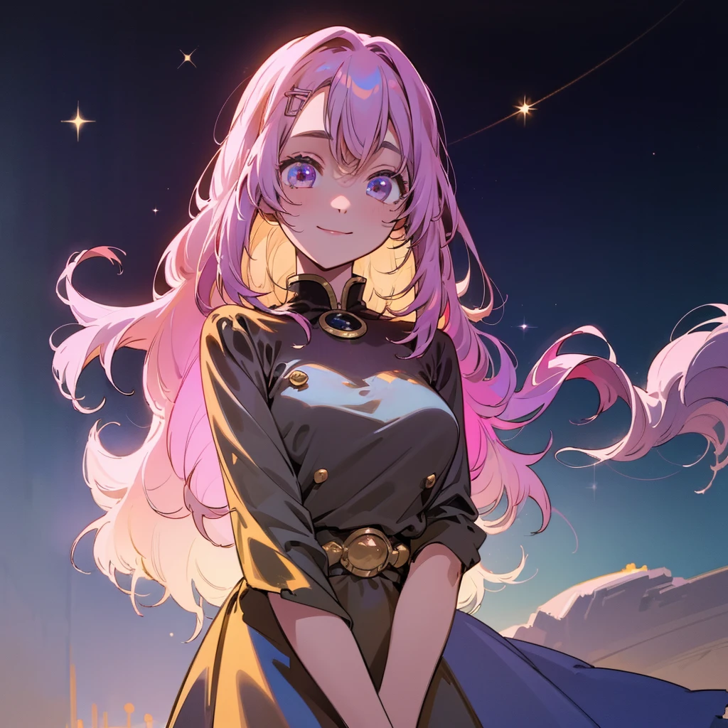 A beautiful young girl from the anime Oshi no Ko universe, 14 years old, detailed facial features, warm smile, long flowing hair, elegant dress, standing in a starry night sky background, intricate details, cinematic lighting, vibrant colors, photorealistic, digital art, concept art style