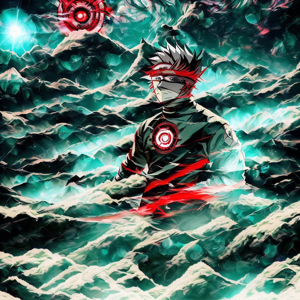 Obra maestra anime de 1 chico de la mejor calidad., ((Personaje Kakashi Hatake"Líder del Culto Rojo,vistiendo corona blanca y pitbulls,Efecto del espíritu negro,composición centrada, Efecto de soplado de partículas de polvo, Efectos visuales adicionales, Ilustración final refinada y posprocesada(vista lateral mirando hacia el lado)Iluminación de borde retroiluminada,Efecto de humo 3D