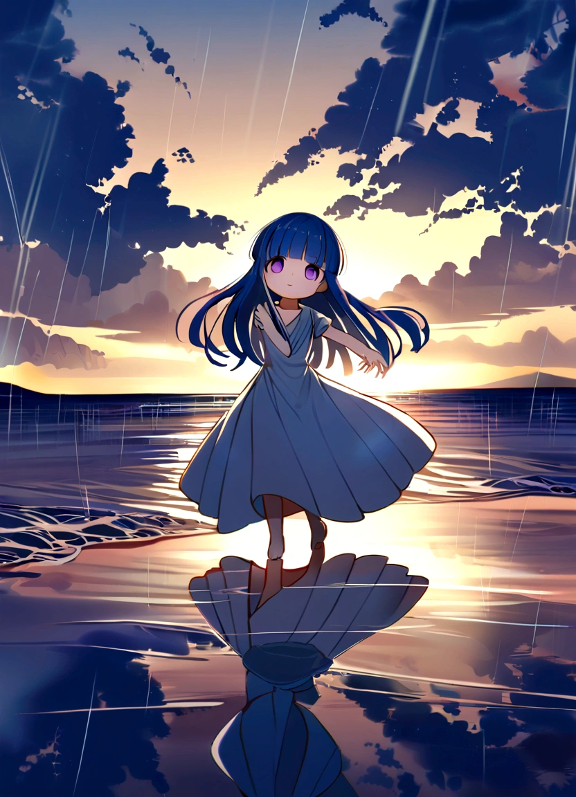 1 Girl, alone, Blue Hair, Purple eyes, Long Hair, blunt bangs, bangs, chibi, dawn, Seaside, (rain), Girl, (dance), Water&#39;s Edge, Flowing Dresses, Sky Color, reflection, rainの中のジャンプ, splash, joy, Sense of liberation, Dramatic atmosphere, Light and shadow contrast, The sound of the sea, Harmony with Nature