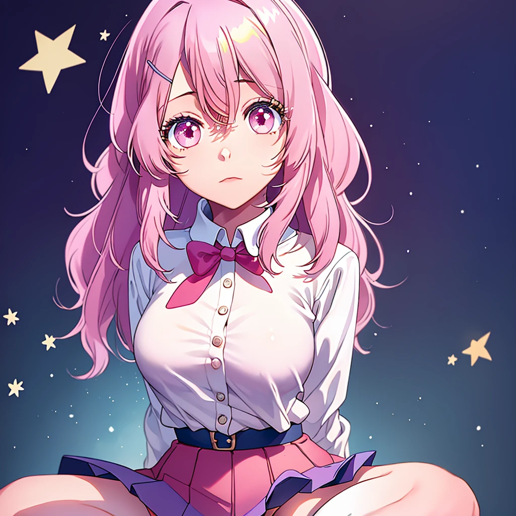 A beautiful young girl from the anime Oshi no Ko universe, 14 years old, she have long wavy pink hair with purple eyes with star in her pupils she wear casual clothes like a sweater too long for her, a skirt and stocking