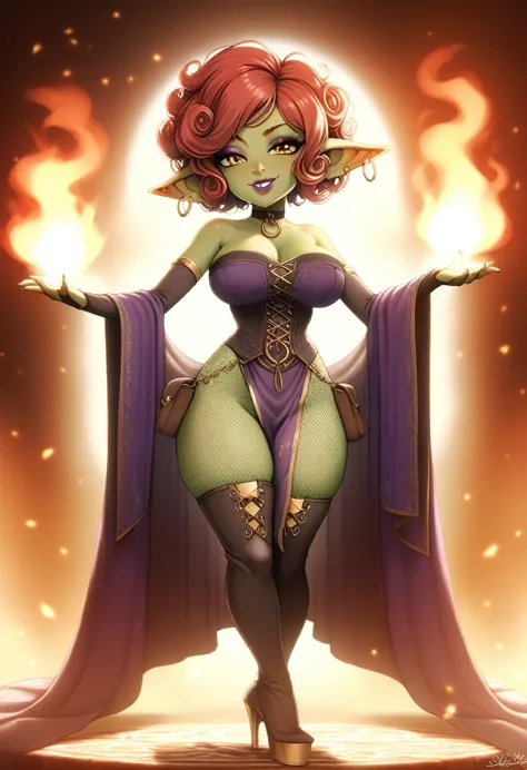 girl, goblin girl, goblin, green skin, short, short stature,short hair, red hair, curly hair, large breasts, long gloves, thigh ...