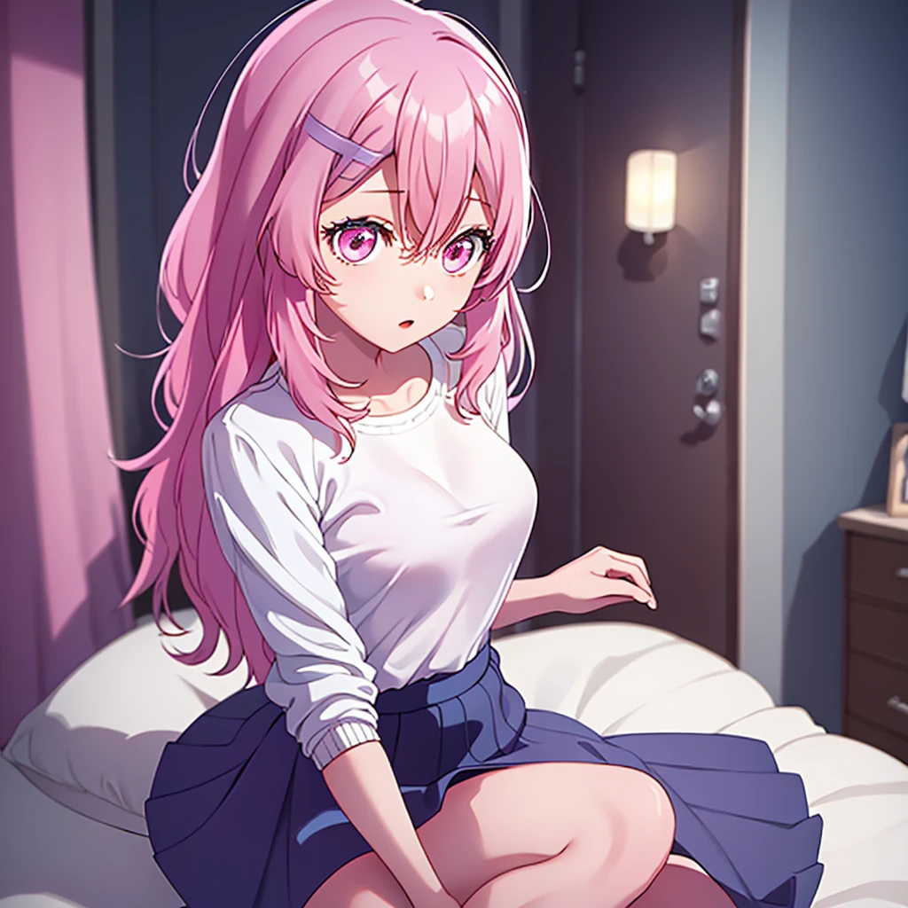 A beautiful young girl from the anime Oshi no Ko universe, 14 years old, she have long wavy pink hair with purple eyes with star in her pupils she wear casual clothes like a sweater too long for her, a skirt and stocking, she is in her bedroom wearing a diaper