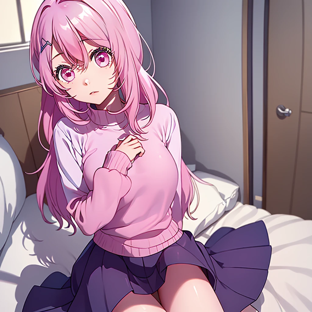 A beautiful young girl from the anime Oshi no Ko universe, 14 years old, she have long wavy pink hair with purple eyes with star in her pupils she wear casual clothes like a sweater too long for her, a skirt and stocking, she is in her bedroom wearing a diaper