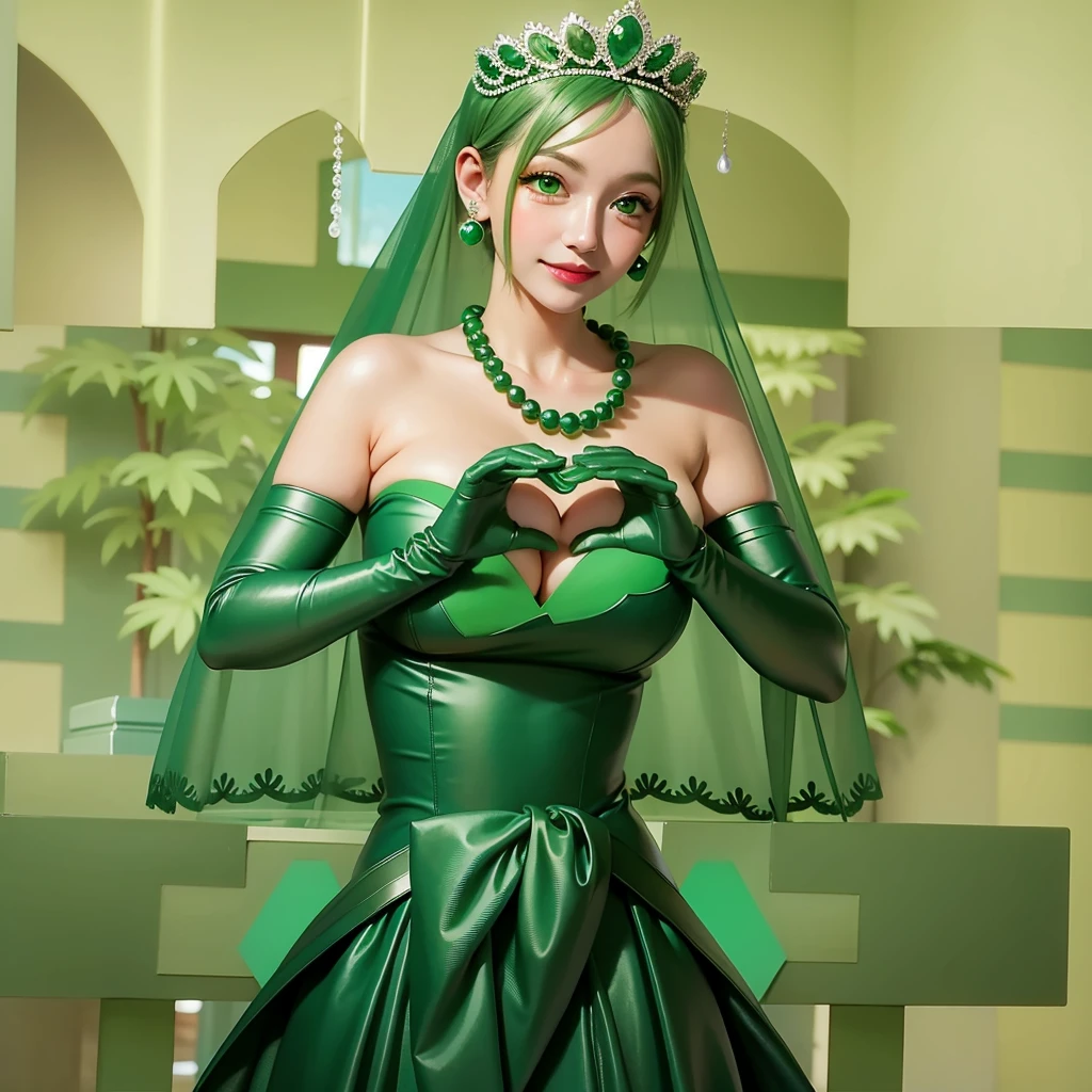 Emerald tiara, Green Pearl Necklace, ボーイッシュな非常に短いGreen Hair, Green Lips, Smiling Japanese woman, Very short hair, Busty beautiful lady, Green Eyes, Green satin long gloves, Green Eyes, Emerald Earrings, Green veil, Heart with both hands, Green Hair, Beautiful Japanese Women, Heart shaped hands:1.3, green lip gloss