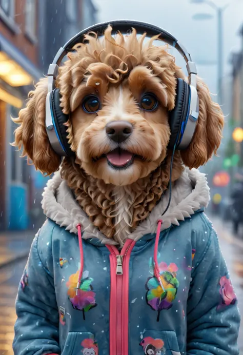 cute brown cavapoodle with fluffy fur wearing urban outfit, one hoodie and headphones, the background is modern and inorganic, a...