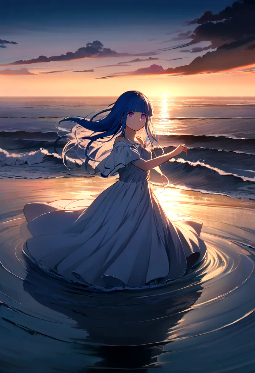 1 girl, alone, blue hair, purple eyes, long hair, blunt bangs, bangs, dawn, seaside, (rain), girl, (dance), water&#39;s edge, fl...