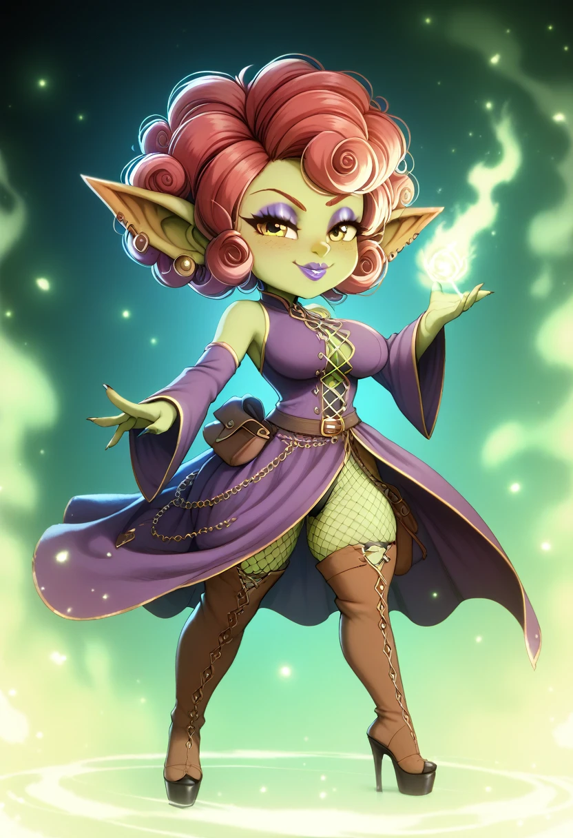 Girl, goblin girl, goblin, green skin, short, short stature,short hair, red hair, curly hair, large breasts, long gloves, thigh boots, pouty lips, masterpiece, best quality, sexy, dynamic pose, 8k, shortstack, sfw, shiny, fantasy, dungeons and dragons, high heels,  fishnets, holding, dark green skin, adventurer, slutty pose, sorcerer, sorceress, pyromancer, fire and ice, magic, fire and ice magic, long detailed slutty colorful dress, thigh pouch, very curly hair, lots of belts, curly hairstyle, lipstick, rosy cheeks, smile, eyeshadow, eye liner 