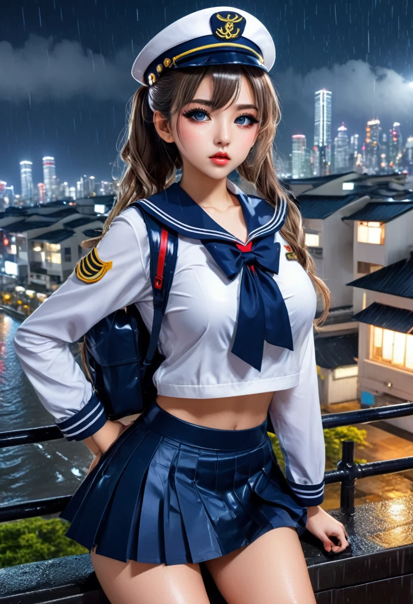 beautiful detailed eyes, beautiful detailed lips, extremely detailed eyes and face, courtesan hairstyle, long eyelashes, 1girl, sailor uniform, seifuku, loafers, midriff, sixpack, young, extremely beautiful, girl with machine gun, rainy night, cityscape